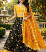 black kota silk hand embroidered lehenga with yellow bandhani dupatta
