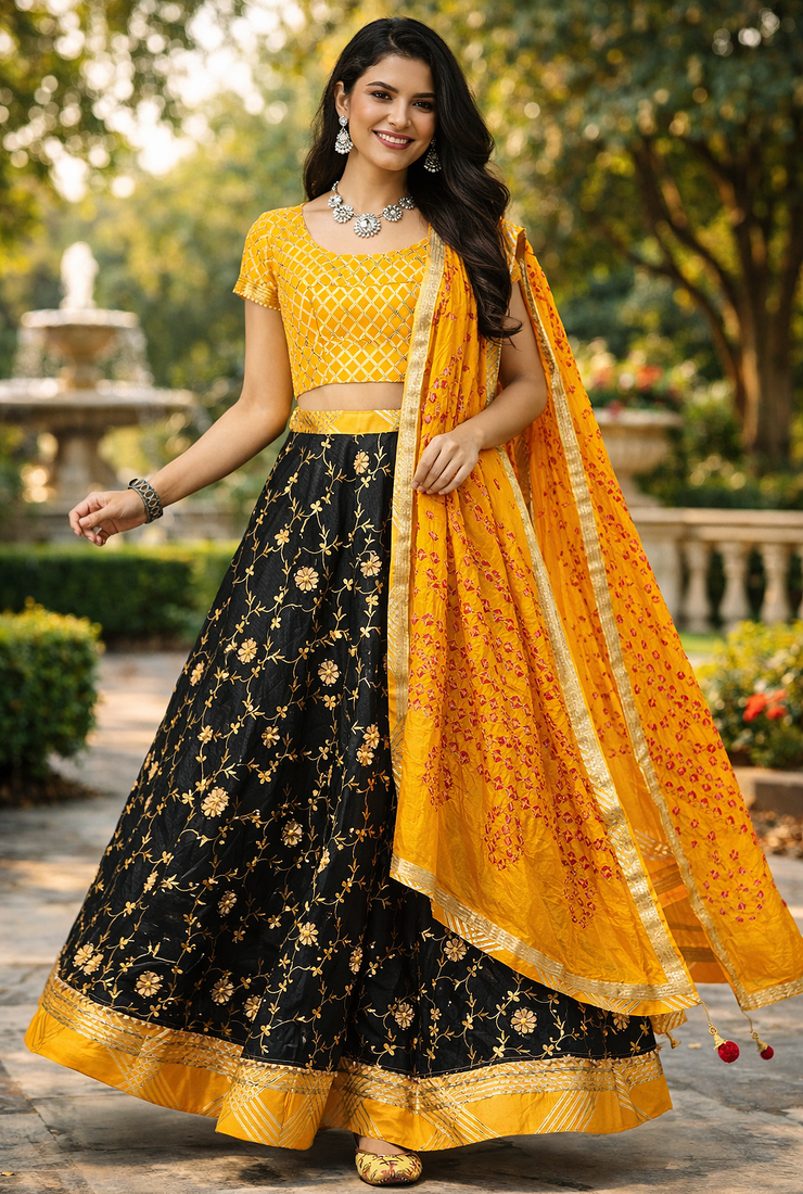 Black Hand Embroidered Kota Silk Sustainable Lehenga With Yellow Bandhani Dupatta