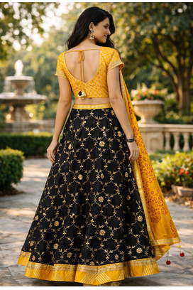 black kota silk hand embroidered lehenga with yellow bandhani dupatta 2