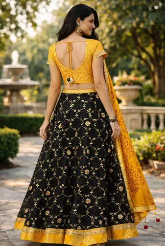 black kota silk hand embroidered lehenga with yellow bandhani dupatta