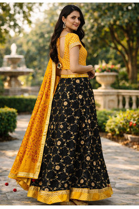 black kota silk hand embroidered lehenga with yellow bandhani dupatta 3