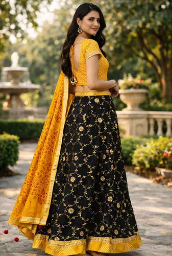 black kota silk hand embroidered lehenga with yellow bandhani dupatta