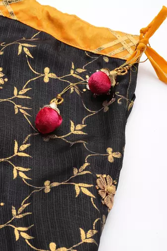 black kota silk hand embroidered lehenga with yellow bandhani dupatta