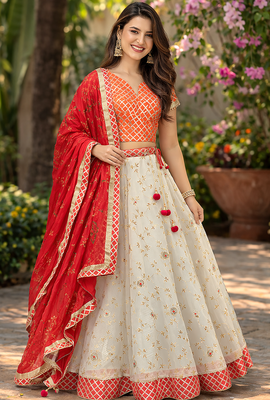 white kota silk hand embroidered lehenga with red bandhani dupatta 1