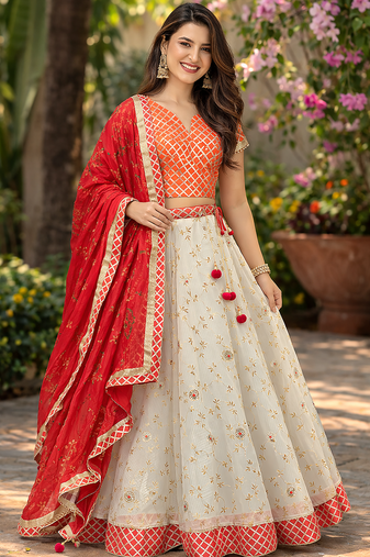 White Hand Embroidered Kota Silk Lehenga With Red Bandhani Dupatta