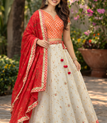 White Hand Embroidered Kota Silk Lehenga With Red Bandhani Dupatta