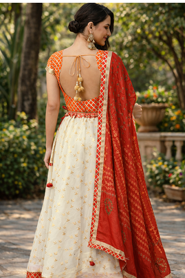 white kota silk hand embroidered lehenga with red bandhani dupatta 2