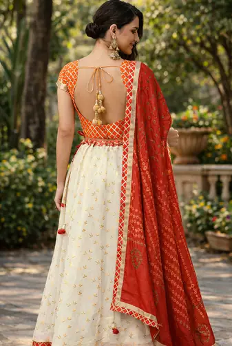 white kota silk hand embroidered lehenga with red bandhani dupatta