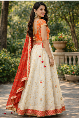 white kota silk hand embroidered lehenga with red bandhani dupatta 3