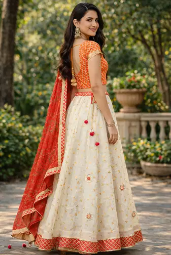 white kota silk hand embroidered lehenga with red bandhani dupatta