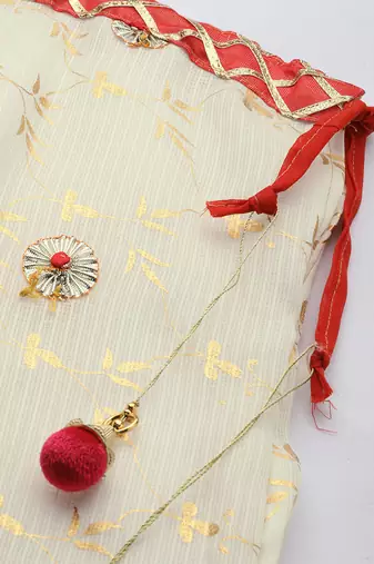 white kota silk hand embroidered lehenga with red bandhani dupatta