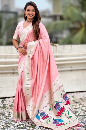 Peach paithani silk zari weaving saree with matching blouse piece