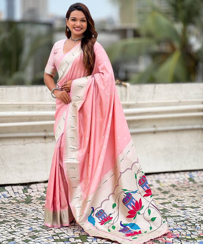 Peach paithani silk zari weaving saree with matching blouse piece
