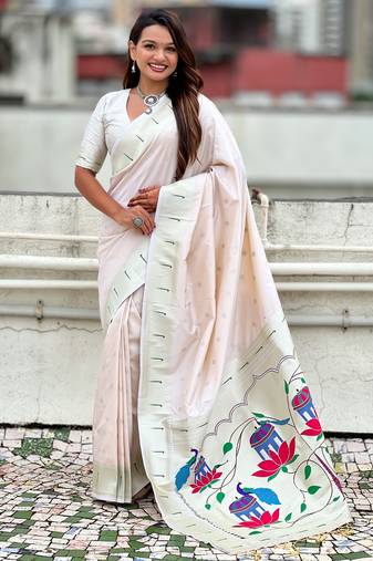 Off white paithani silk zari weaving saree with matching blouse piece