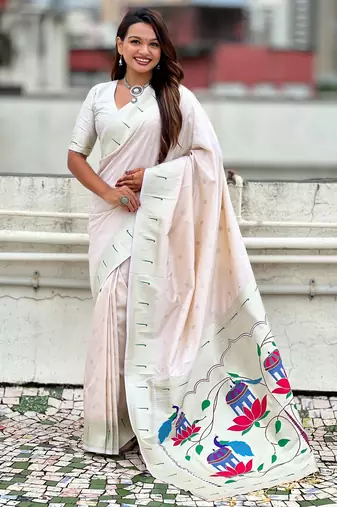 Off white paithani silk zari weaving saree with matching blouse piece