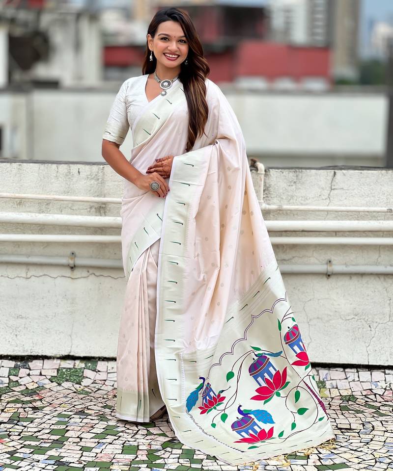 Off white paithani silk zari weaving saree with matching blouse piece
