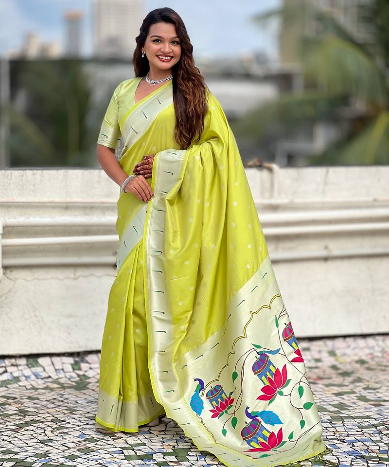 Green paithani silk zari weaving saree with matching blouse piece
