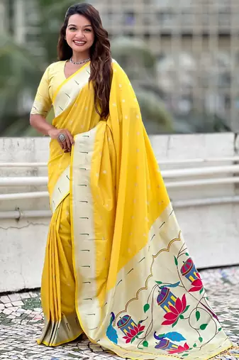 Yellow paithani silk zari weaving saree with matching blouse piece