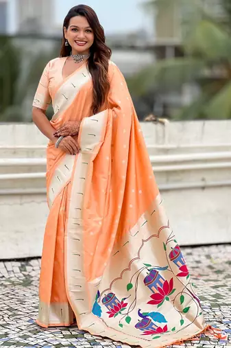 Orange paithani silk zari weaving saree with matching blouse piece