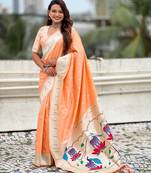 Orange paithani silk zari weaving saree with matching blouse piece