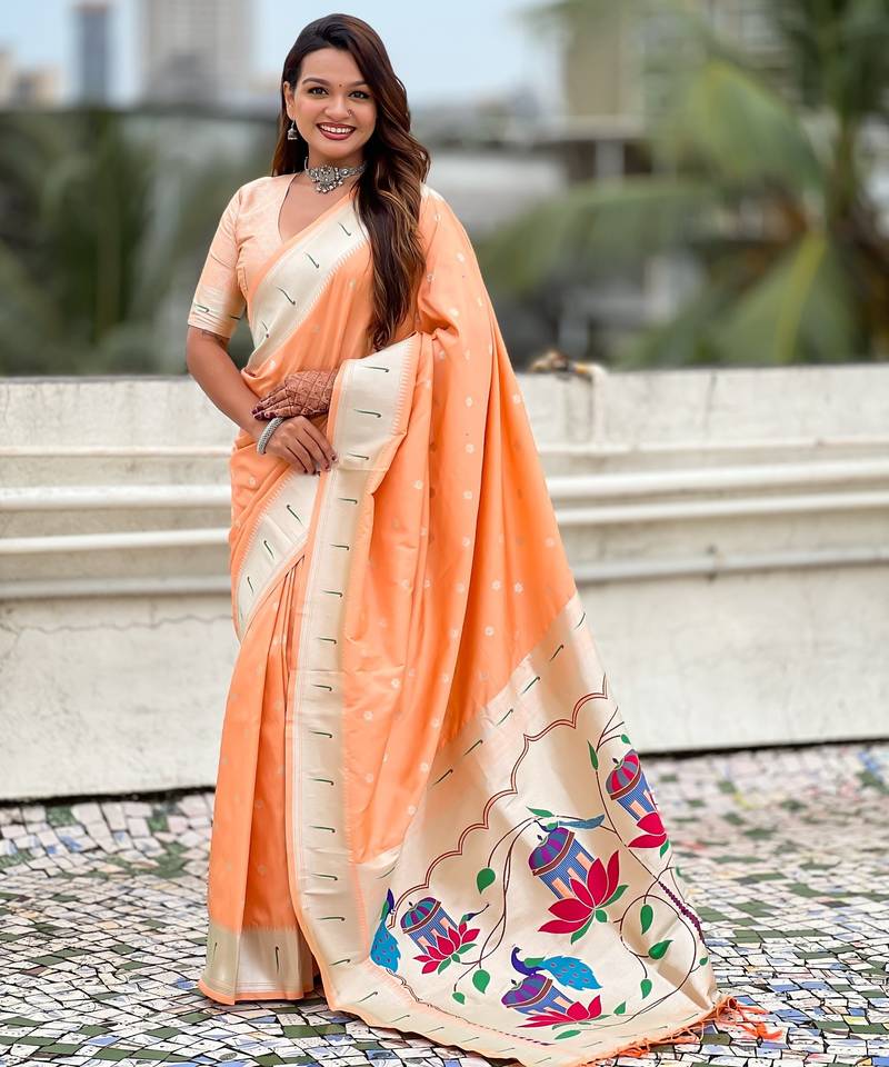 Orange paithani silk zari weaving saree with matching blouse piece