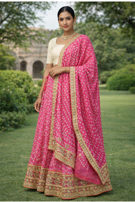 pink festive bandhani silk lehenga with unstitched blouse 1
