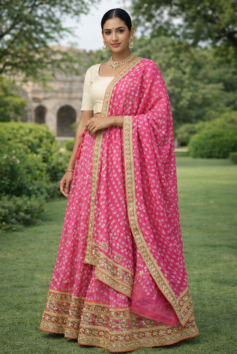 Pink Hand Bandhani Silk Lehenga With Unstitched Blouse And Dupatta