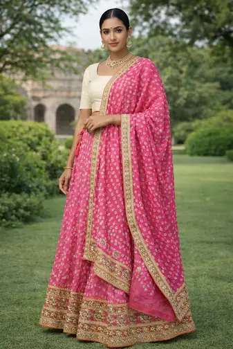 Pink Hand Bandhani Silk Lehenga With Unstitched Blouse And Dupatta