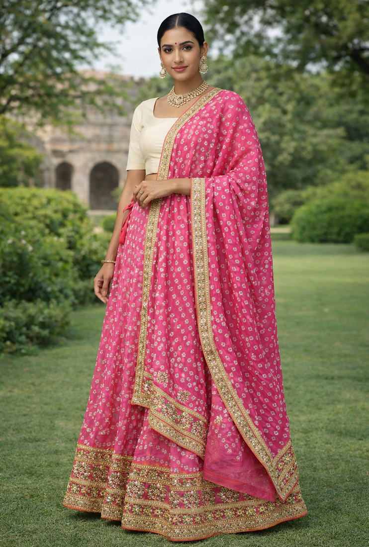 Pink Hand Bandhani Silk Lehenga With Unstitched Blouse And Dupatta