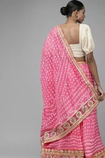 pink festive bandhani silk lehenga with unstitched blouse