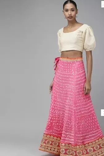 pink festive bandhani silk lehenga with unstitched blouse