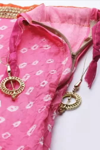 pink festive bandhani silk lehenga with unstitched blouse