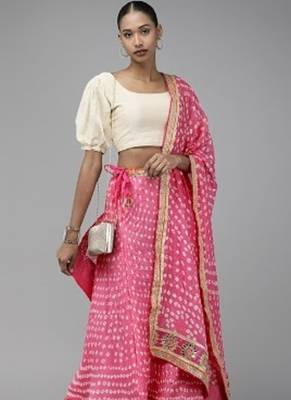 pink festive bandhani silk lehenga with unstitched blouse 5