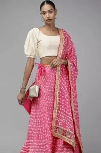 pink festive bandhani silk lehenga with unstitched blouse