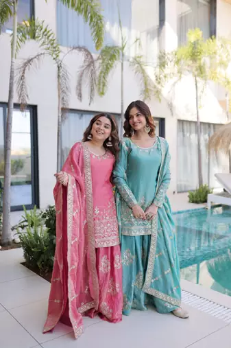 Pink zari sequins embroidered fendi crush sharara suit with dupatta