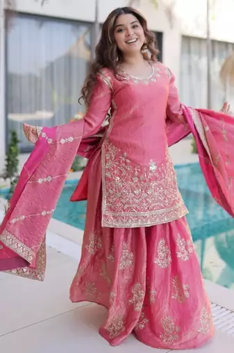 pink fendi crush zari sequins embroidered sharara suit set