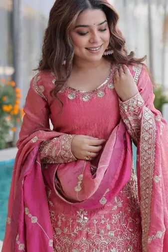 pink fendi crush zari sequins embroidered sharara suit set