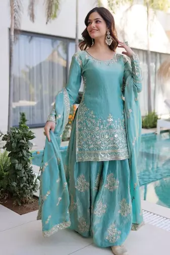Aqua blue zari sequins embroidered fendi crush sharara suit with dupatta
