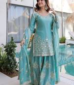 Aqua blue zari sequins embroidered fendi crush sharara suit with dupatta