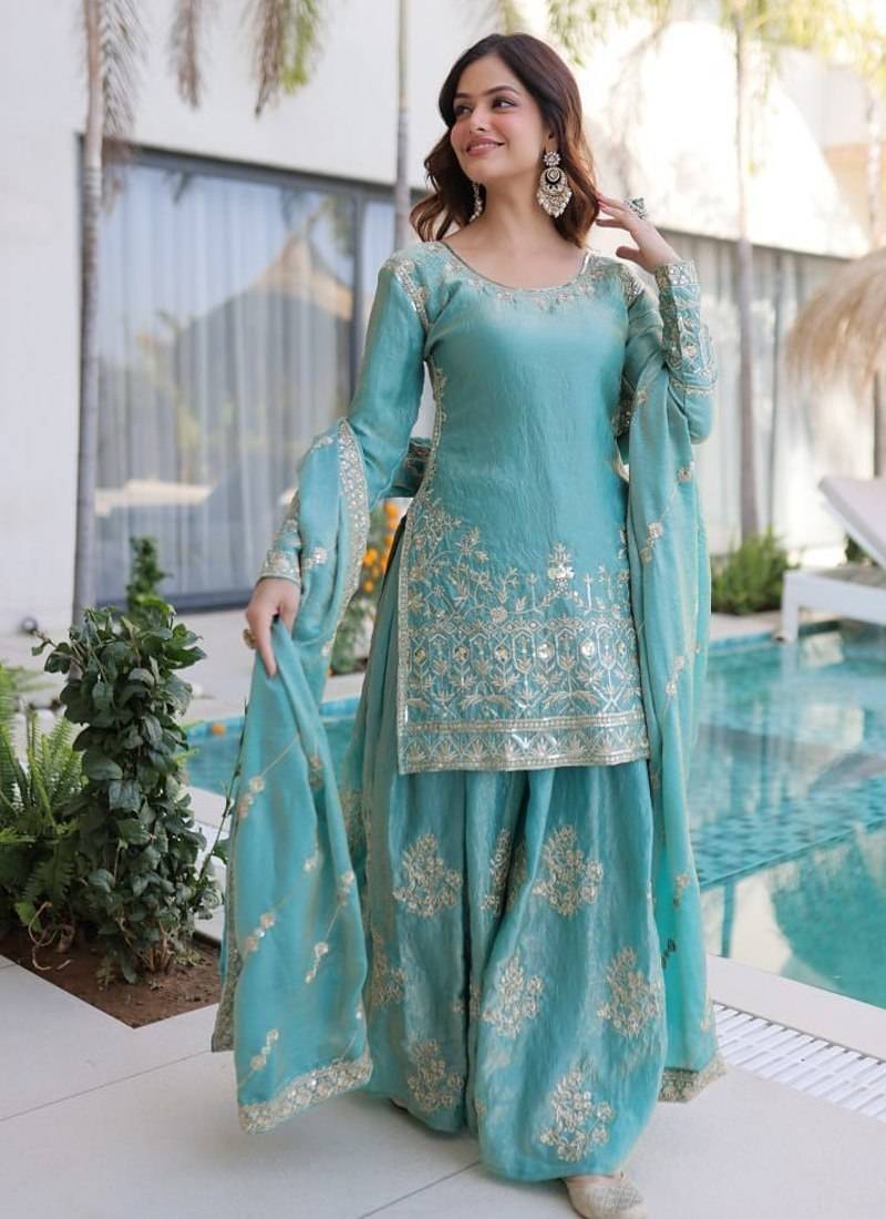 Aqua blue zari sequins embroidered fendi crush sharara suit with dupatta