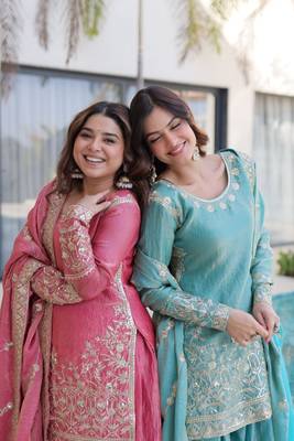 Aqua blue zari sequins embroidered fendi crush sharara suit with dupatta 2