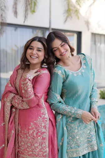 Aqua blue zari sequins embroidered fendi crush sharara suit with dupatta