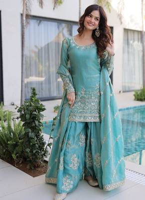 Aqua blue zari sequins embroidered fendi crush sharara suit with dupatta 4