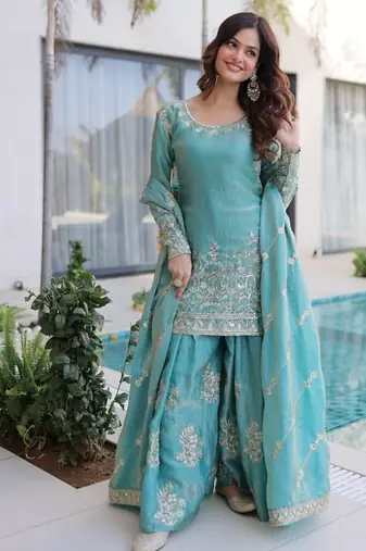 Aqua blue zari sequins embroidered fendi crush sharara suit with dupatta