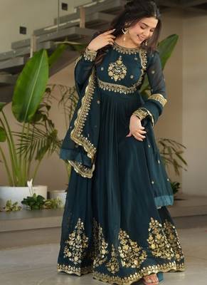 Dark teal green zari thread & sequins embroidered faux blooming georgette anarkali gown with dupatta 1
