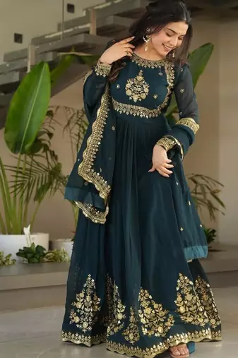Dark teal green zari thread & sequins embroidered faux blooming georgette anarkali gown with dupatta