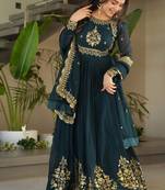 Dark teal green zari thread & sequins embroidered faux blooming georgette anarkali gown with dupatta