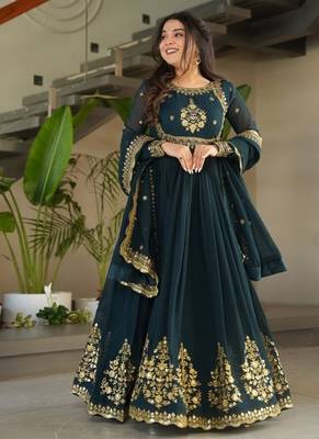 Dark teal green zari thread & sequins embroidered faux blooming georgette anarkali gown with dupatta 2