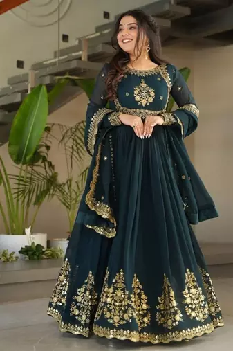 Dark teal green zari thread & sequins embroidered faux blooming georgette anarkali gown with dupatta