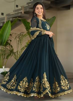 Dark teal green zari thread & sequins embroidered faux blooming georgette anarkali gown with dupatta 3